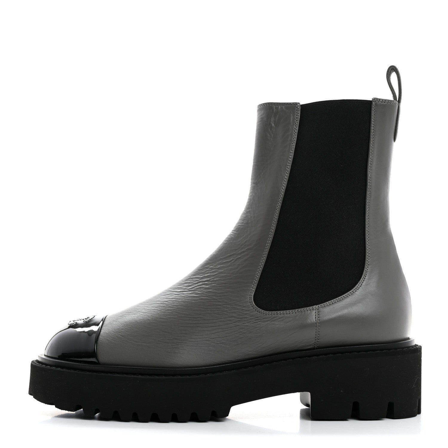 Chanel Crumpled Calfskin Patent Cap Toe Short Boots 39 Dark Grey Black 1 of 9