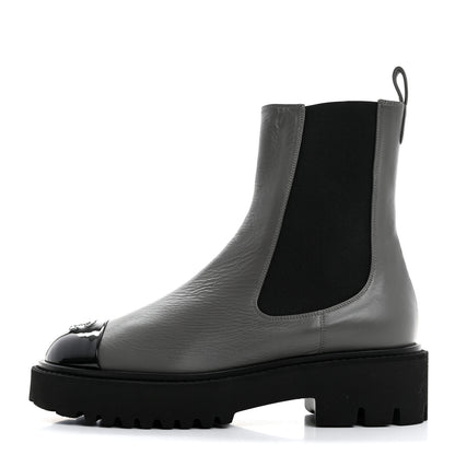 Chanel Crumpled Calfskin Patent Cap Toe Short Boots 39 Dark Grey Black 1 of 9