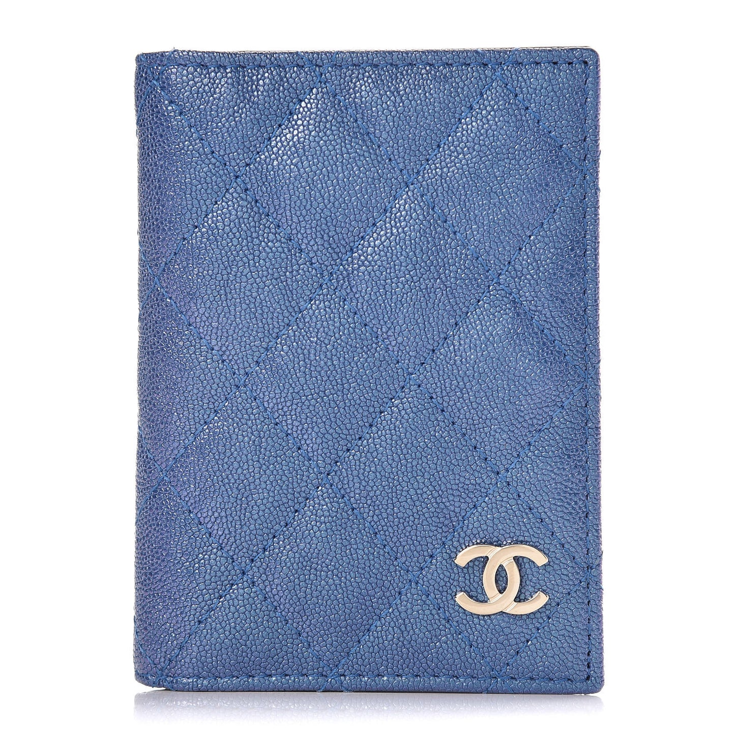 Iridescent Caviar Quilted Card Holder Wallet Dark Blue