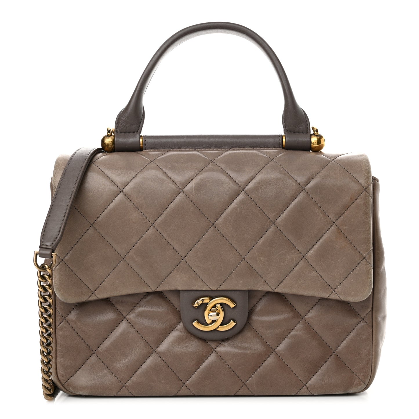 Glazed Calfskin Quilted Medium Gold Bar Top Handle Flap Dark Grey