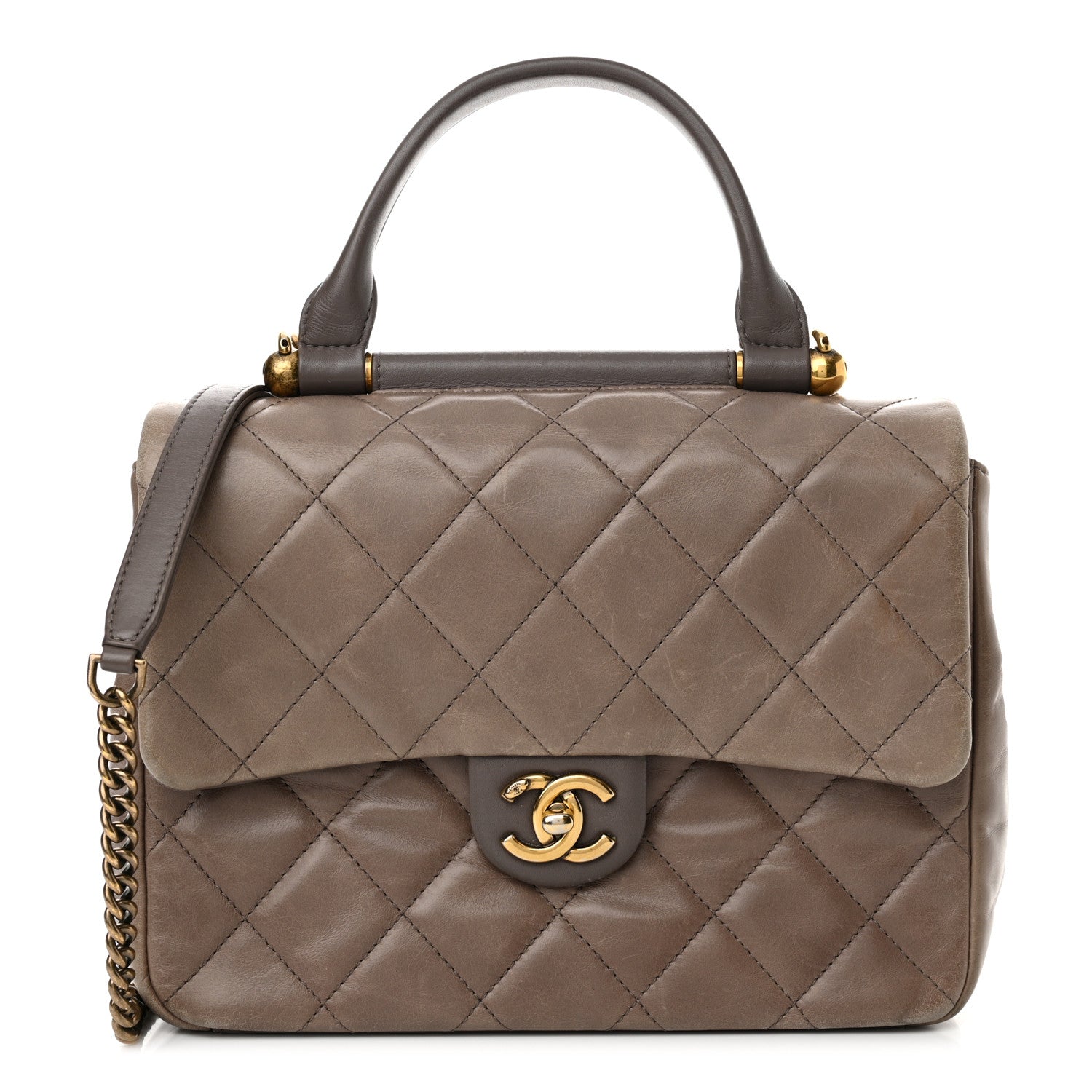 Chanel Glazed Calfskin Quilted Medium Gold Bar Top Handle Flap Dark Grey 1 of 20