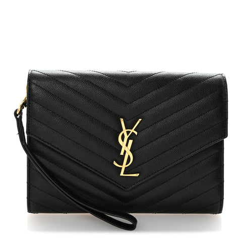 Grain De Poudre Matelasse Chevron Monogram Envelope Clutch Black