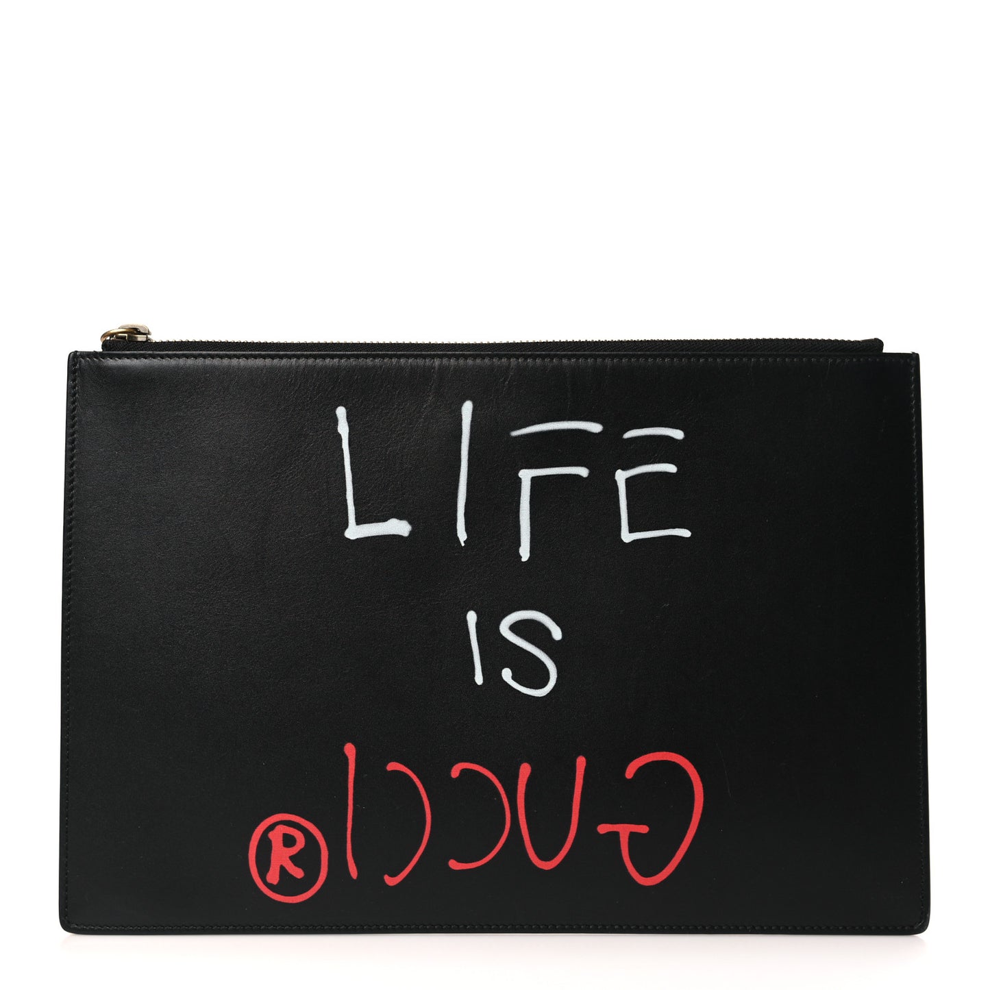 Calfskin GucciGhost Life is Gucci Zip Pouch Black