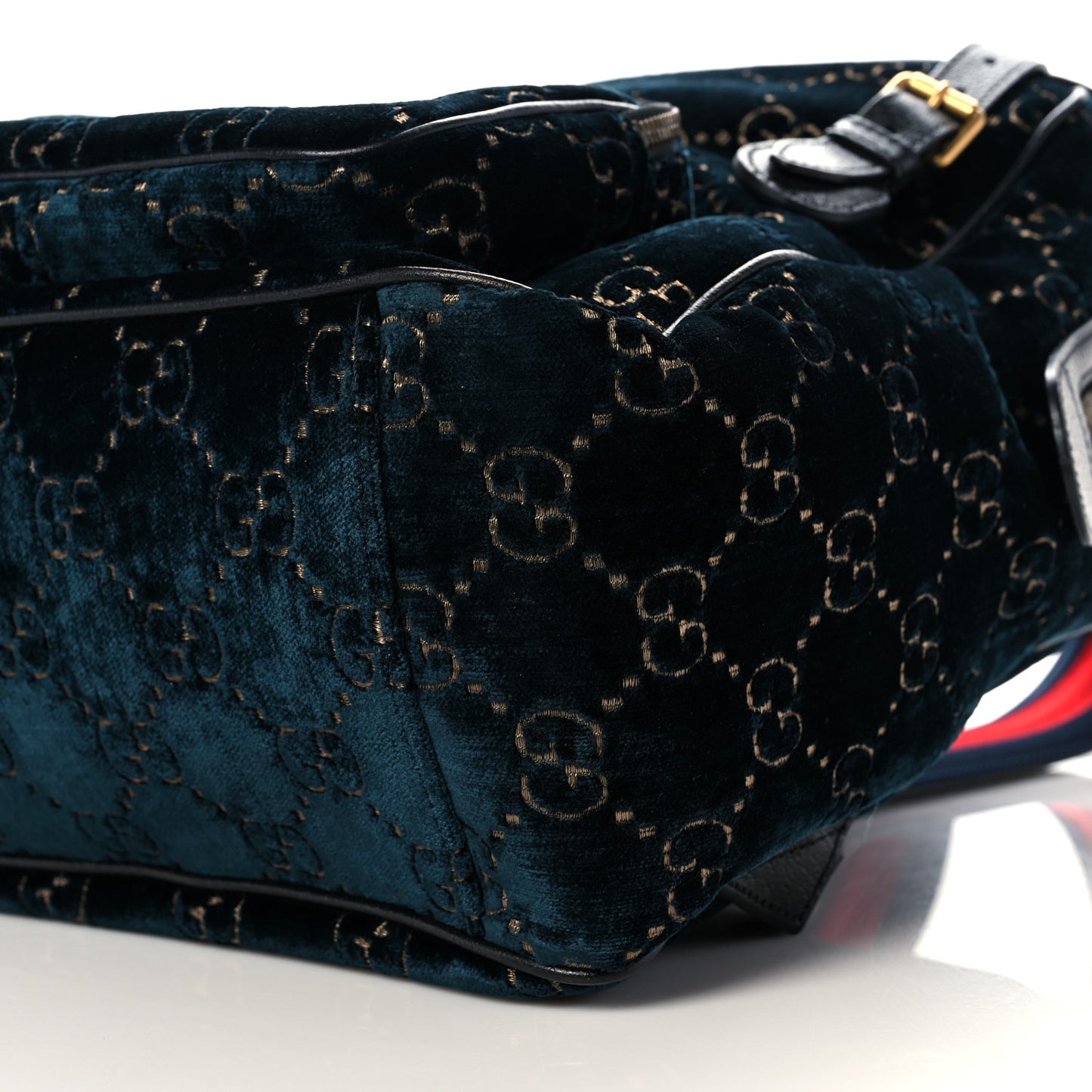 Velvet GG Monogram Textured Calfskin Web Small Double Buckle Backpack Blue Beige Black
