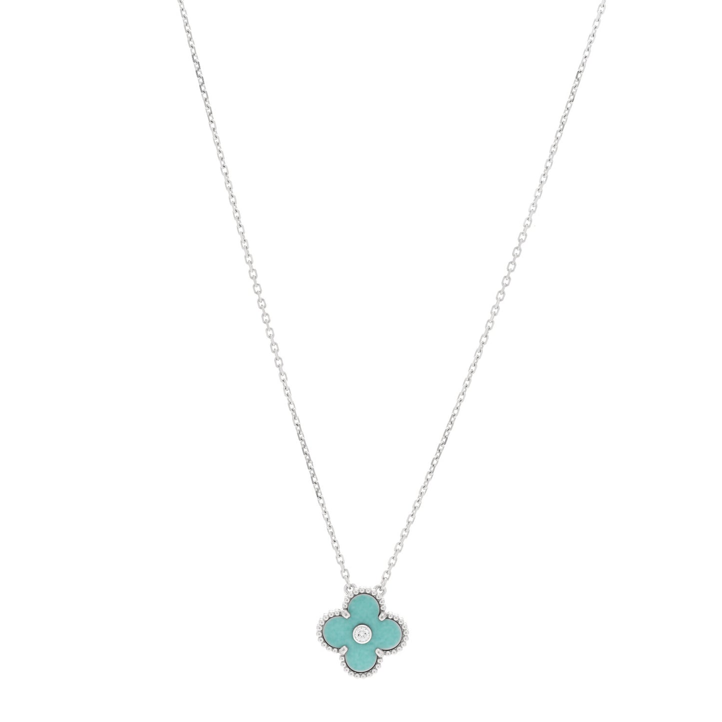 18K White Gold Diamond Celadon Green Sevres Porcelain Vintage Alhambra Pendant Necklace