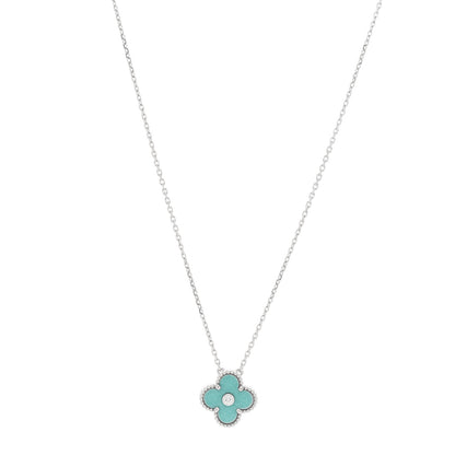 Van Cleef & Arpels 18K White Gold Diamond Celadon Green Sevres Porcelain Vintage Alhambra Pendant Necklace 1 of 6