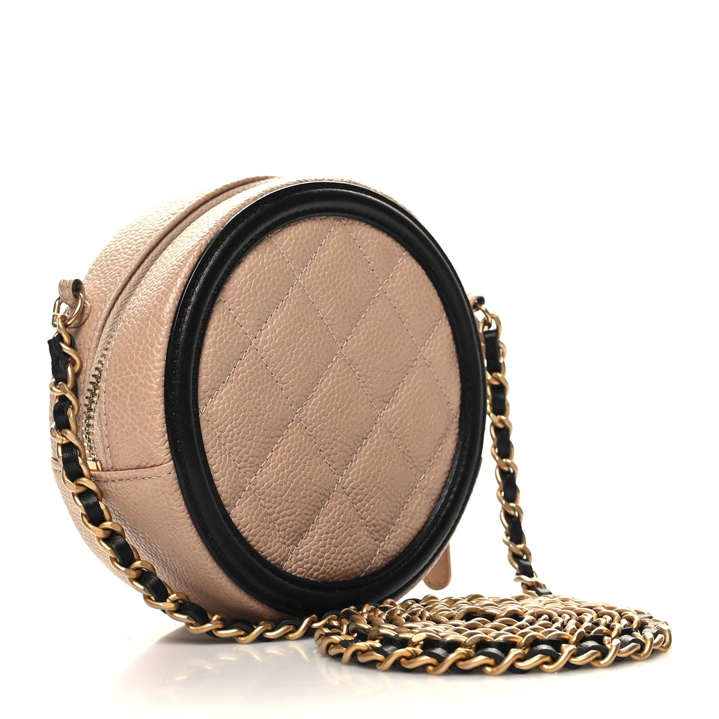 Caviar Quilted Round Filigree Crossbody Beige Black