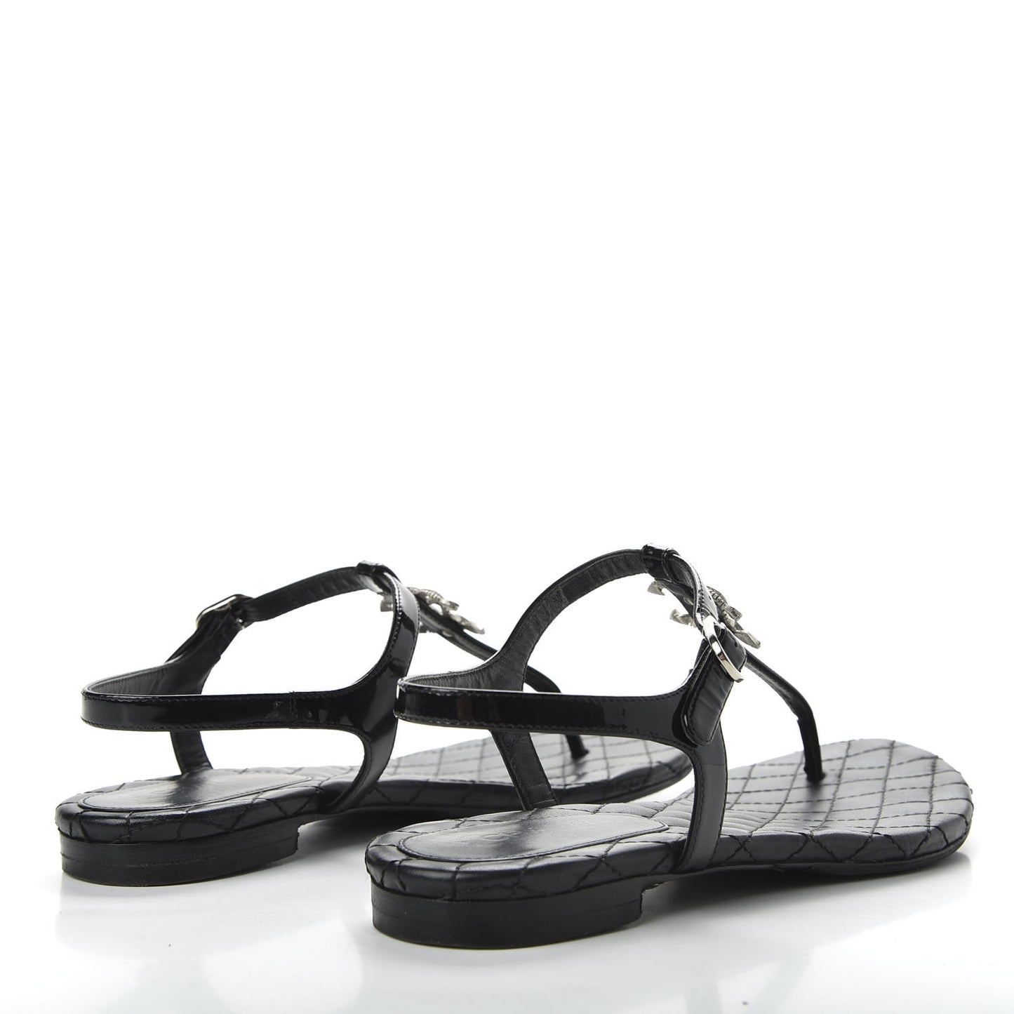 Patent Calfskin CC Chain Thong Sandals 35.5 Black