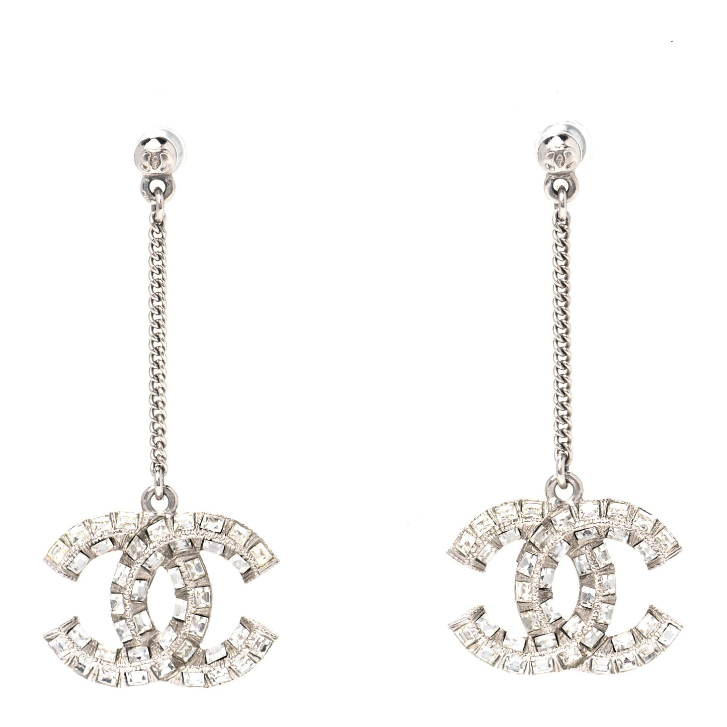 Baguette Crystal CC Drop Earrings Silver