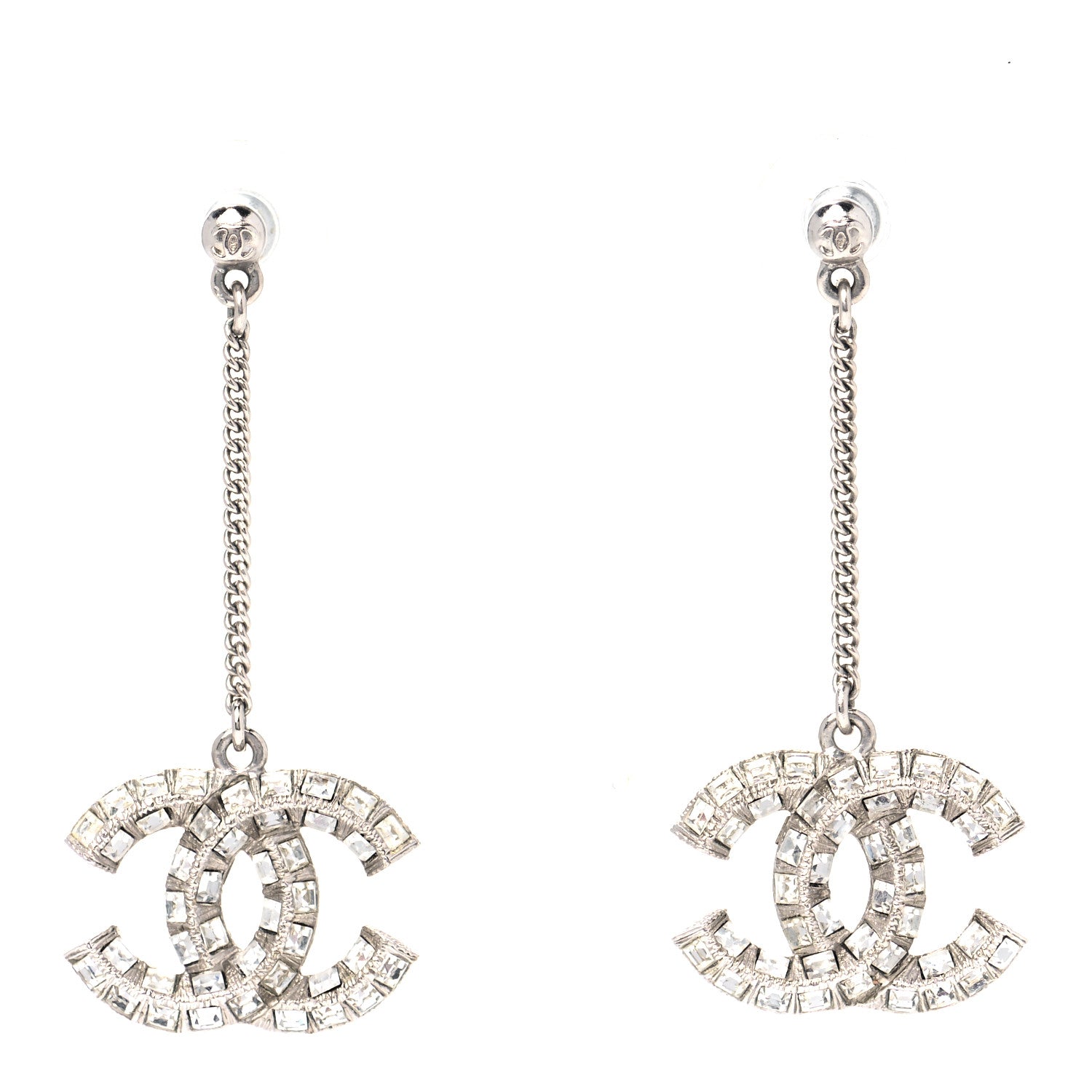 Chanel Baguette Crystal CC Drop Earrings Silver 1 of 3