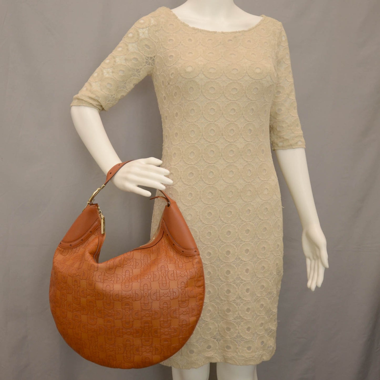 GGUCCI Calfskin Horsebit Embossed Glam Hobo Tan
