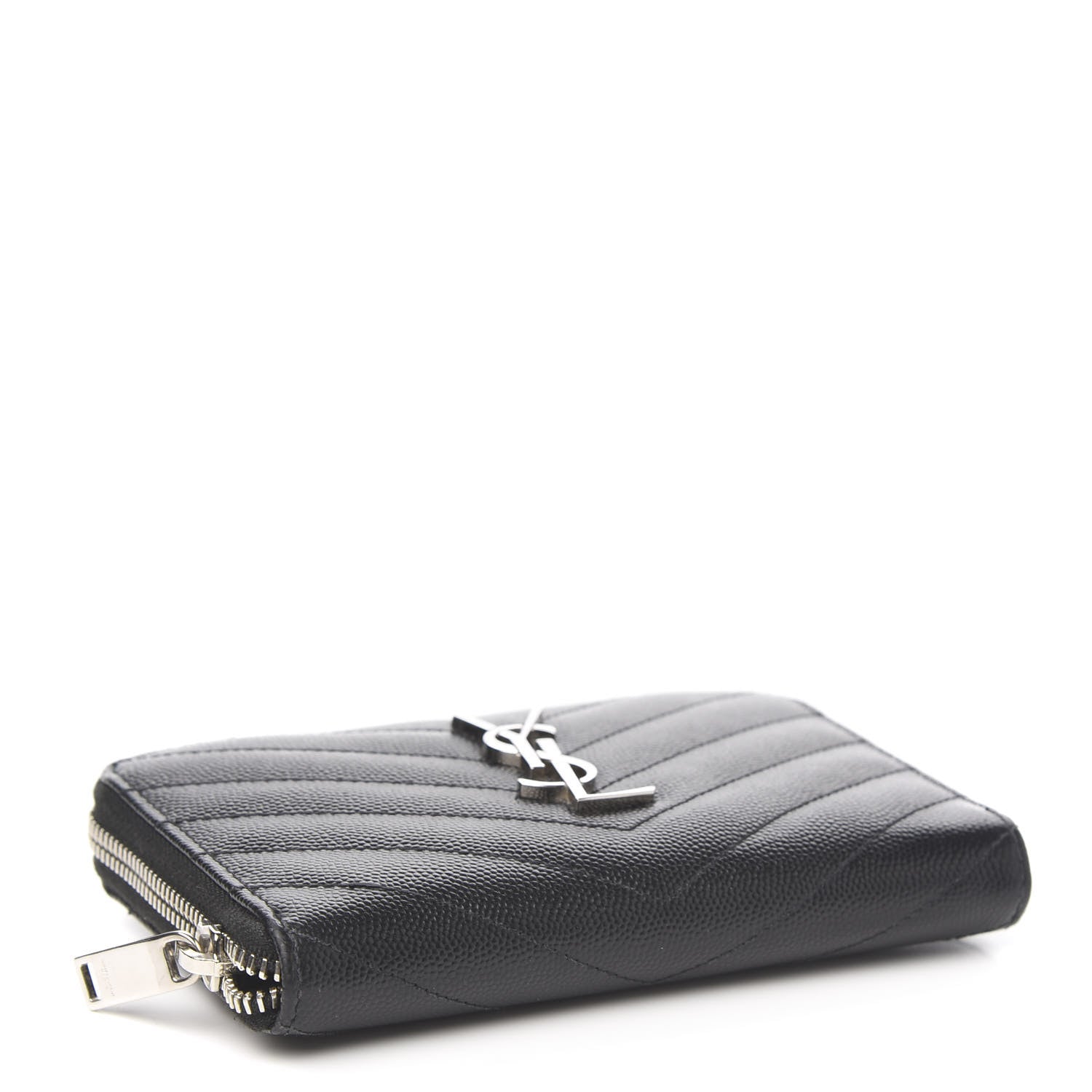 Saint Laurent Grain De Poudre Matelasse Chevron Monogram Small Zip Around Wallet Black 3 of 6