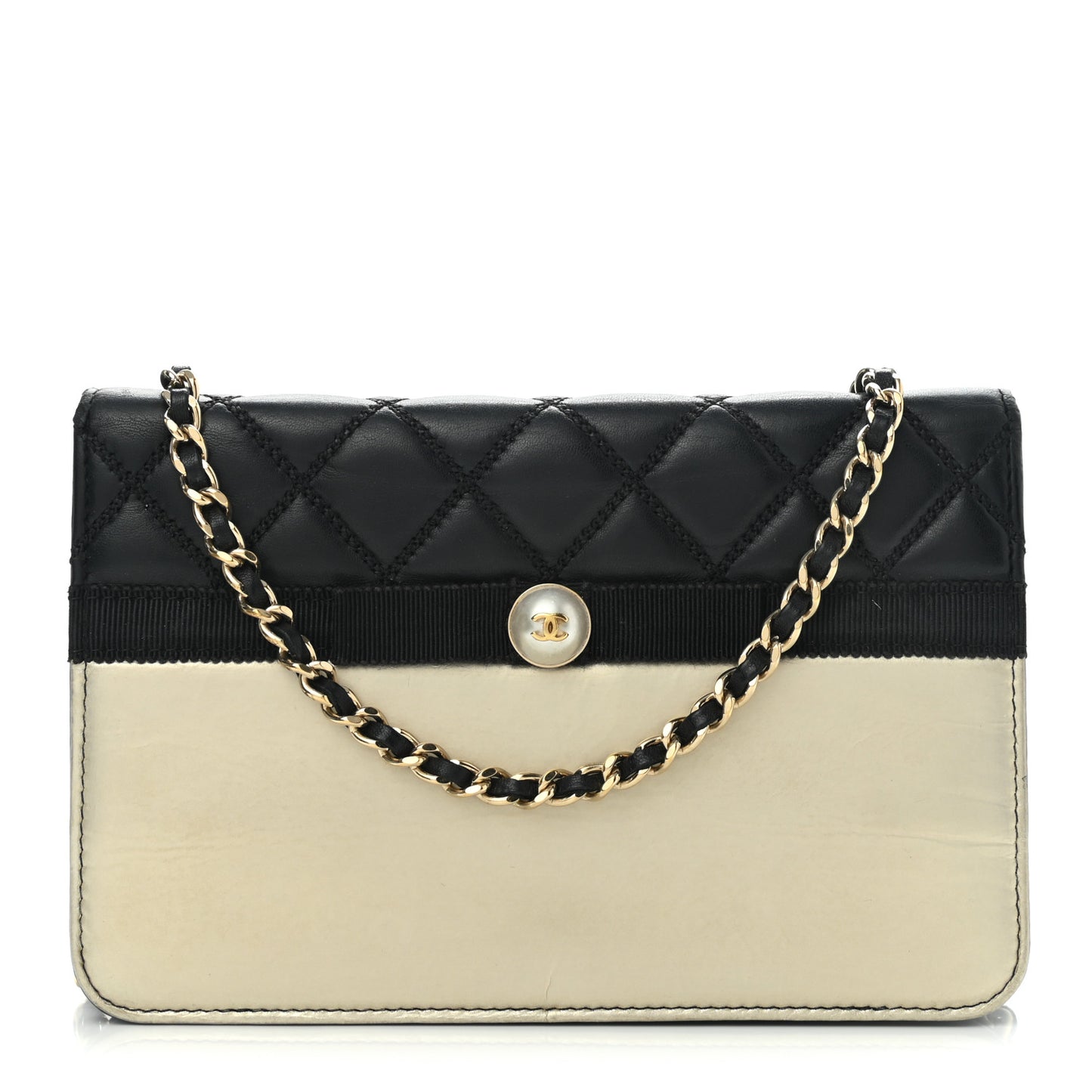 Lambskin Quilted Wallet On Chain WOC Beige Black