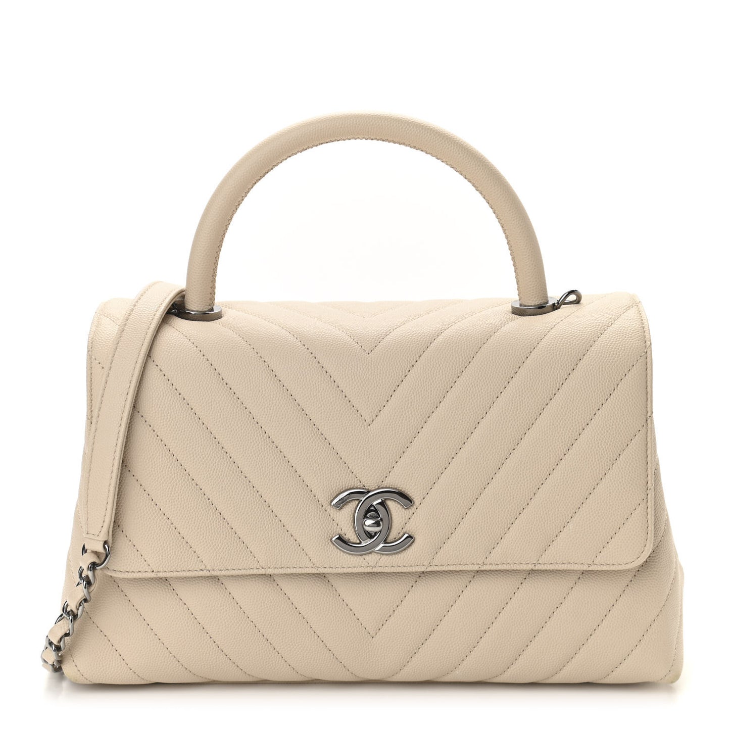 Caviar Chevron Quilted Small Coco Handle Flap Beige