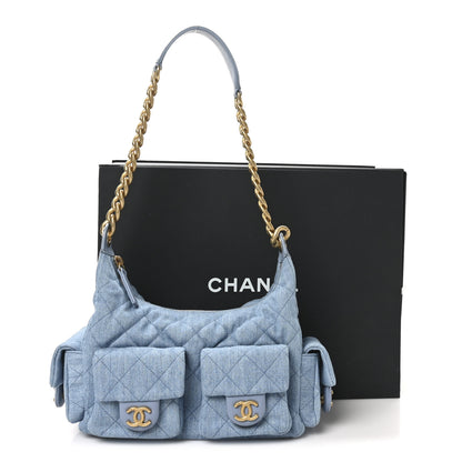 Chanel Washed Denim Quilted Large Trendy Pockets Hobo Blue 11 of 11