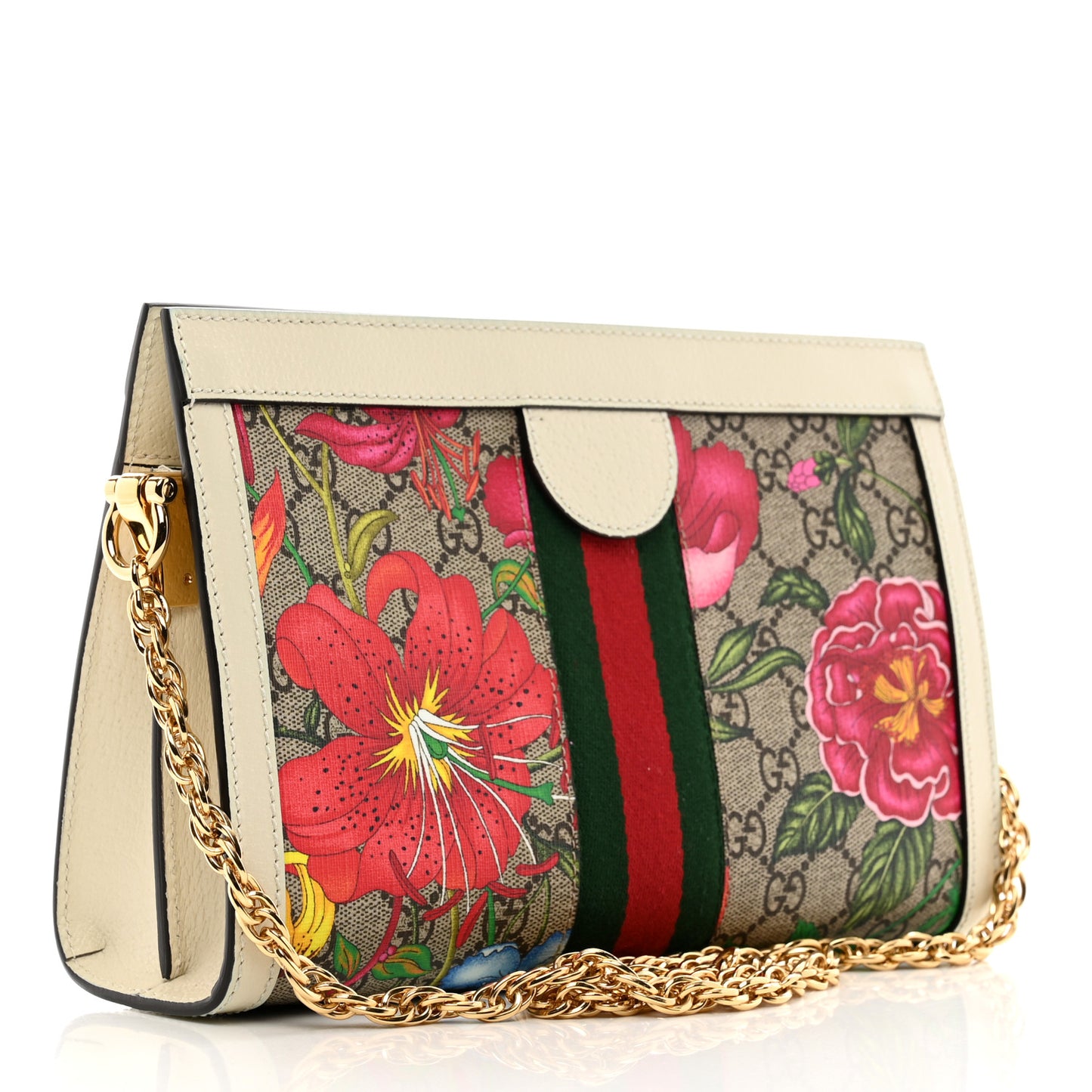 GG Supreme Monogram Flora Web Small Ophidia Chain Shoulder Bag White
