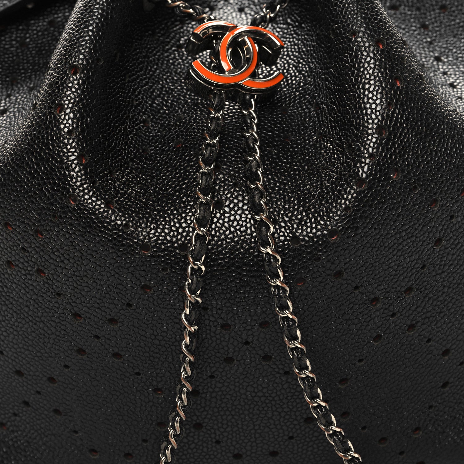 Chanel Caviar Perforated Drawstring CC Bag Black Orange 8 of 15