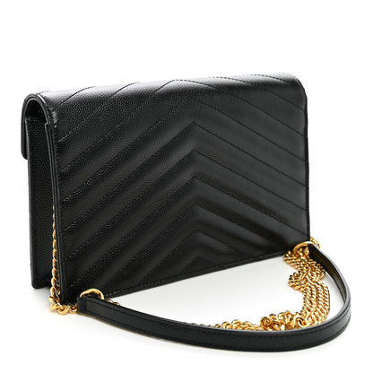 Saint Laurent Grain De Poudre Matelasse Chevron Monogram Envelope Chain Wallet Black 3 of 9