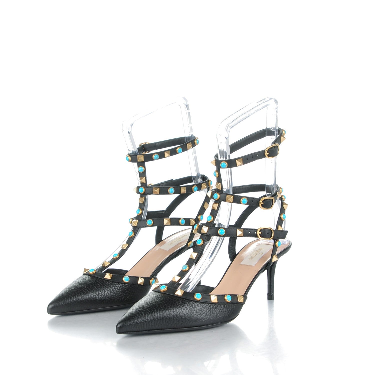 Valentino Garavani Pebbled Calfskin Turquoise Rockstud Rolling Ankle Strap 65mm Pumps 40 Black 3 of 7