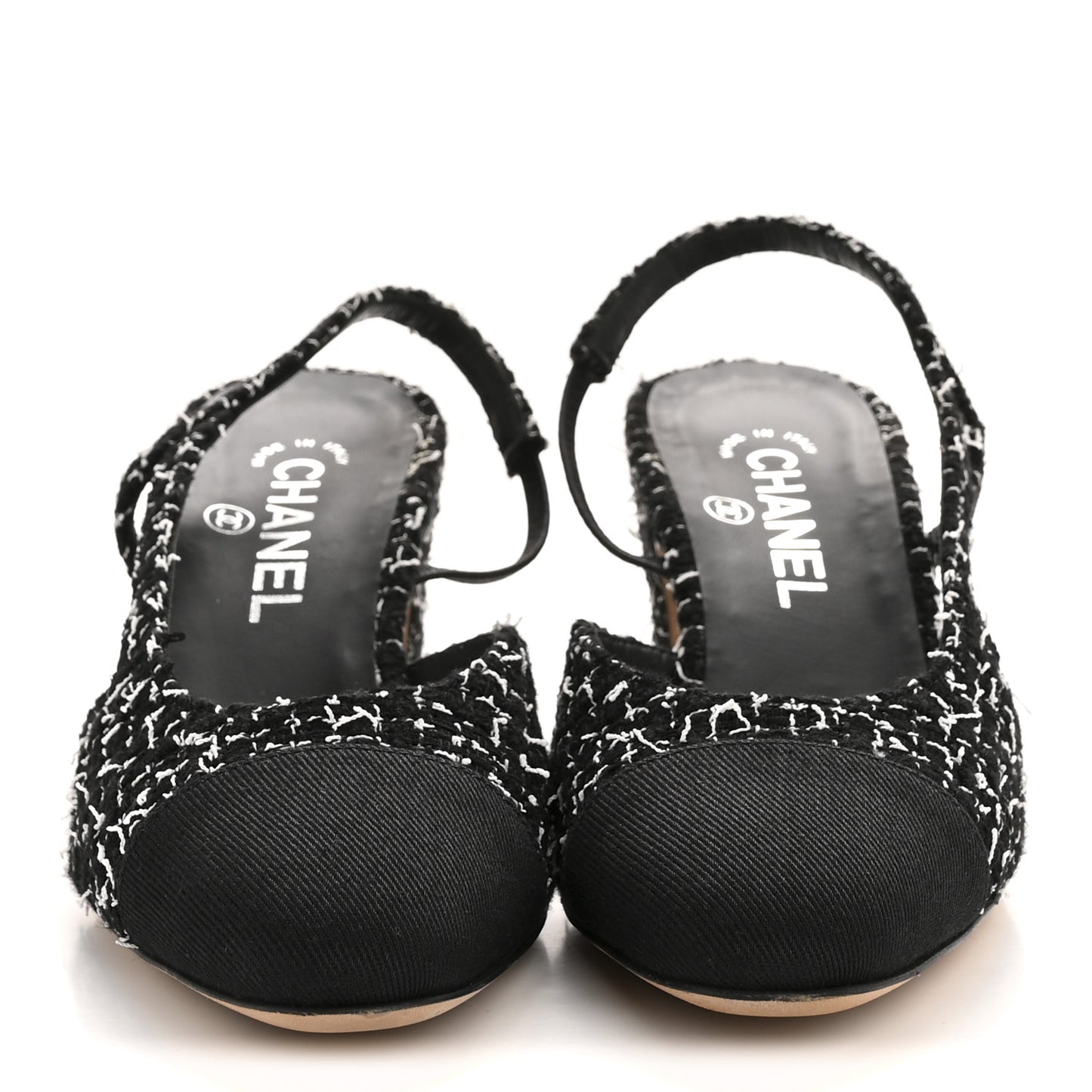 Tweed Grosgrain Cap Toe CC Slingback Pumps 39 Black White