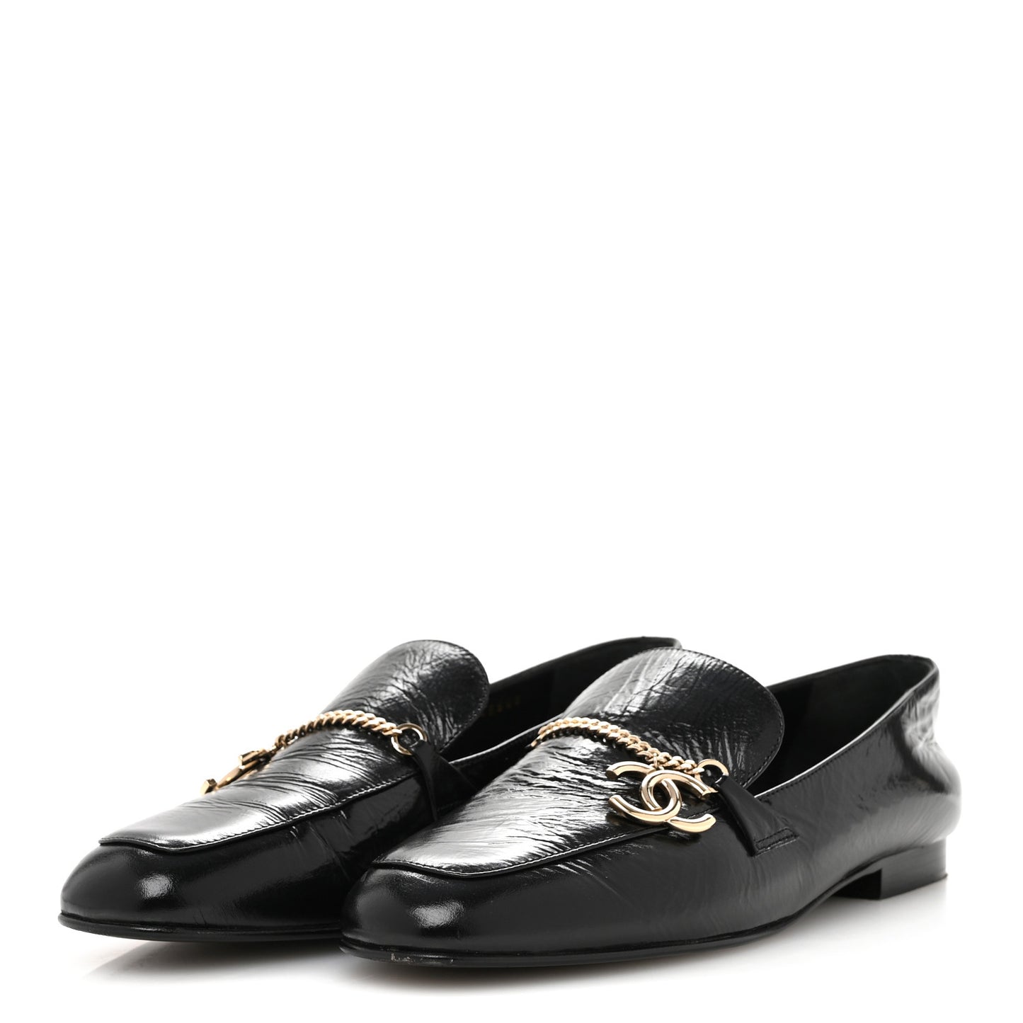 Crinkled Calfskin Chain CC Mocassin Loafers 40 Black