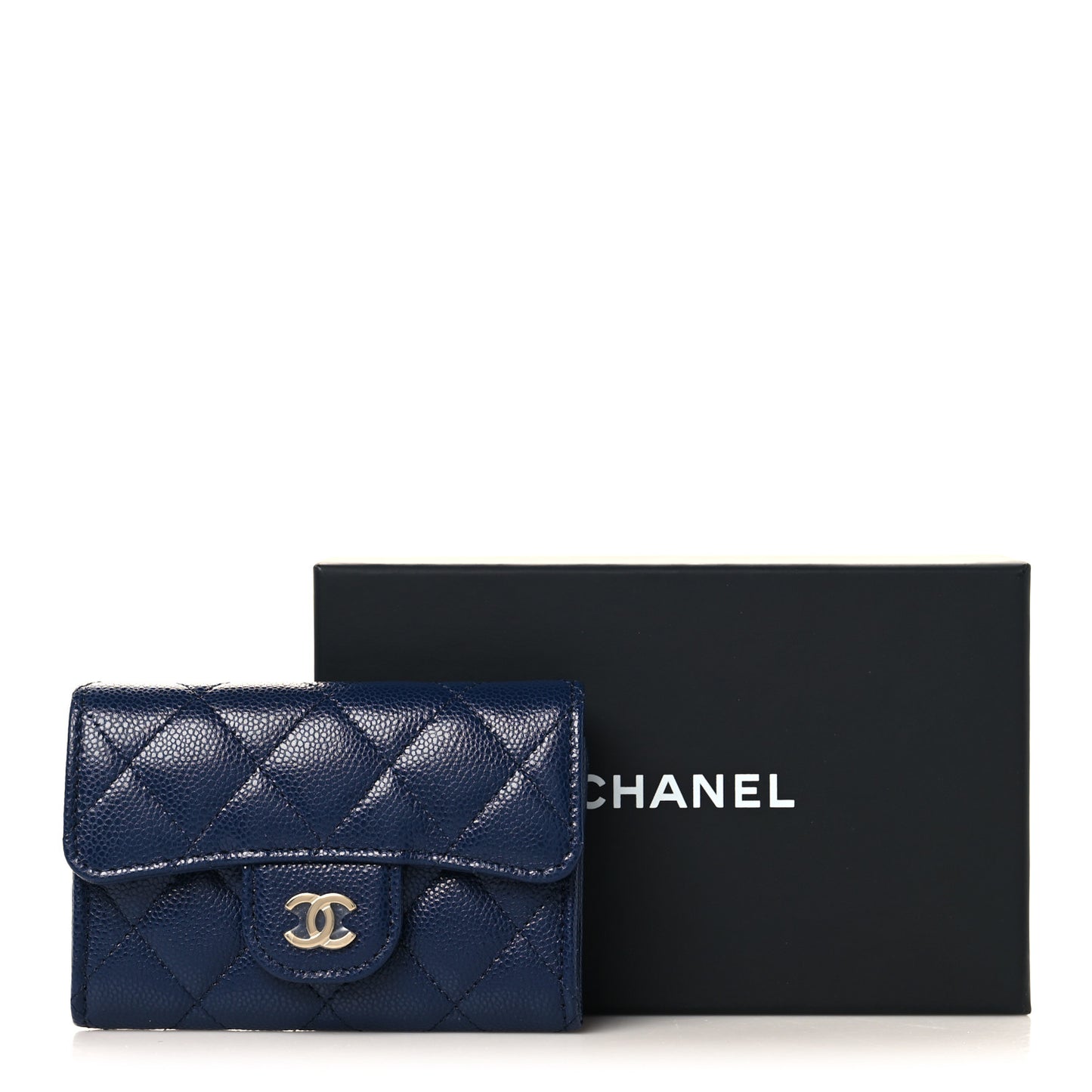 Caviar Quilted Flap Card Holder Wallet Navy Blue