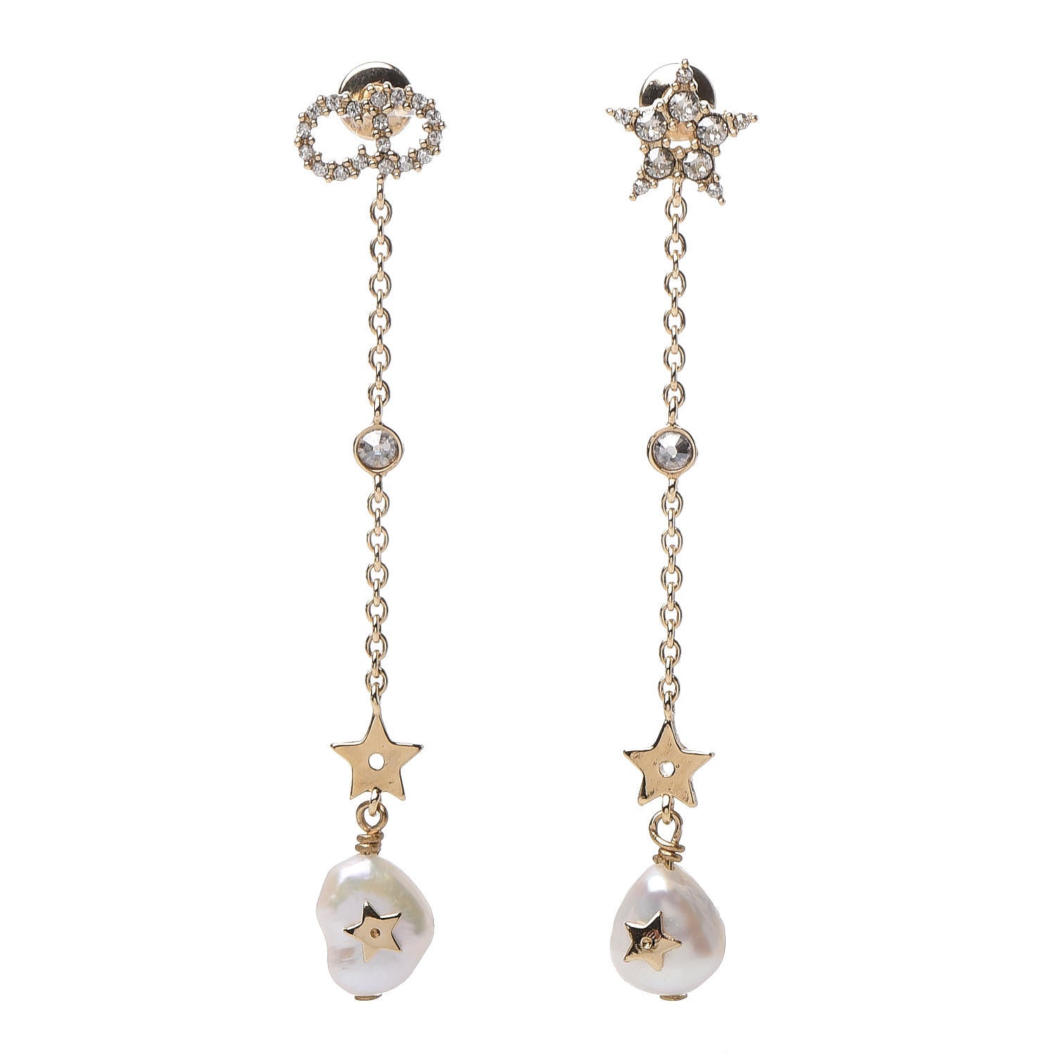 Christian Dior Pearl Crystal Shiny-D Dangle Chain Earrings Gold 1 of 5
