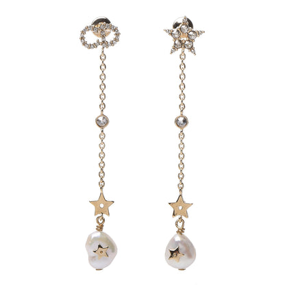 Christian Dior Pearl Crystal Shiny-D Dangle Chain Earrings Gold 1 of 5