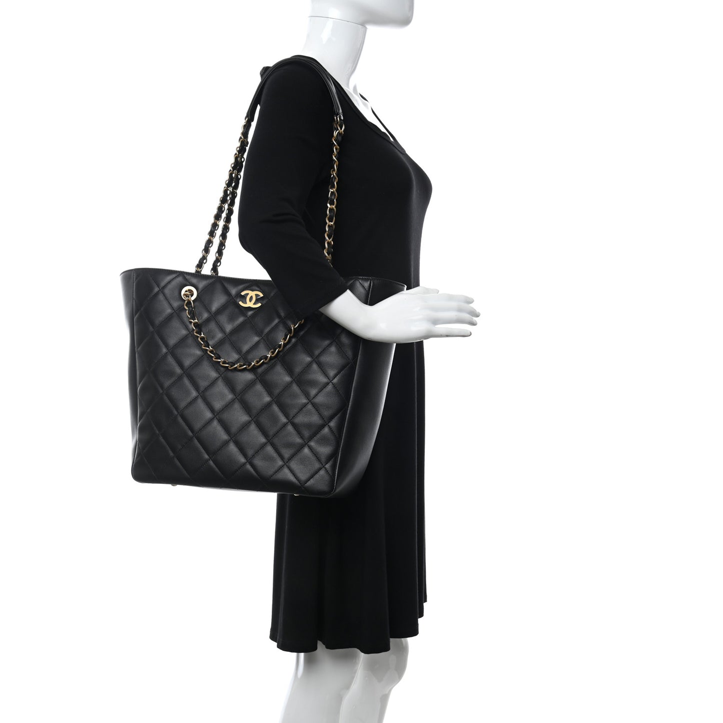 Calfskin Stitched Large Shopping Bag Black