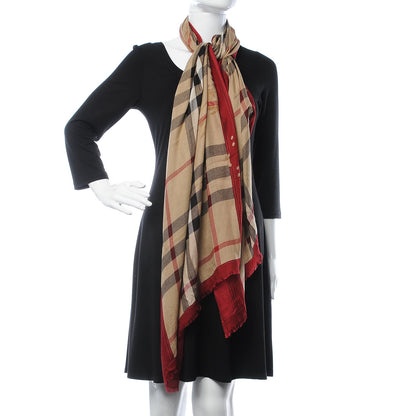 Burberry Modal Cashmere Haymarket Check Color Border Scarf Red 2 of 5