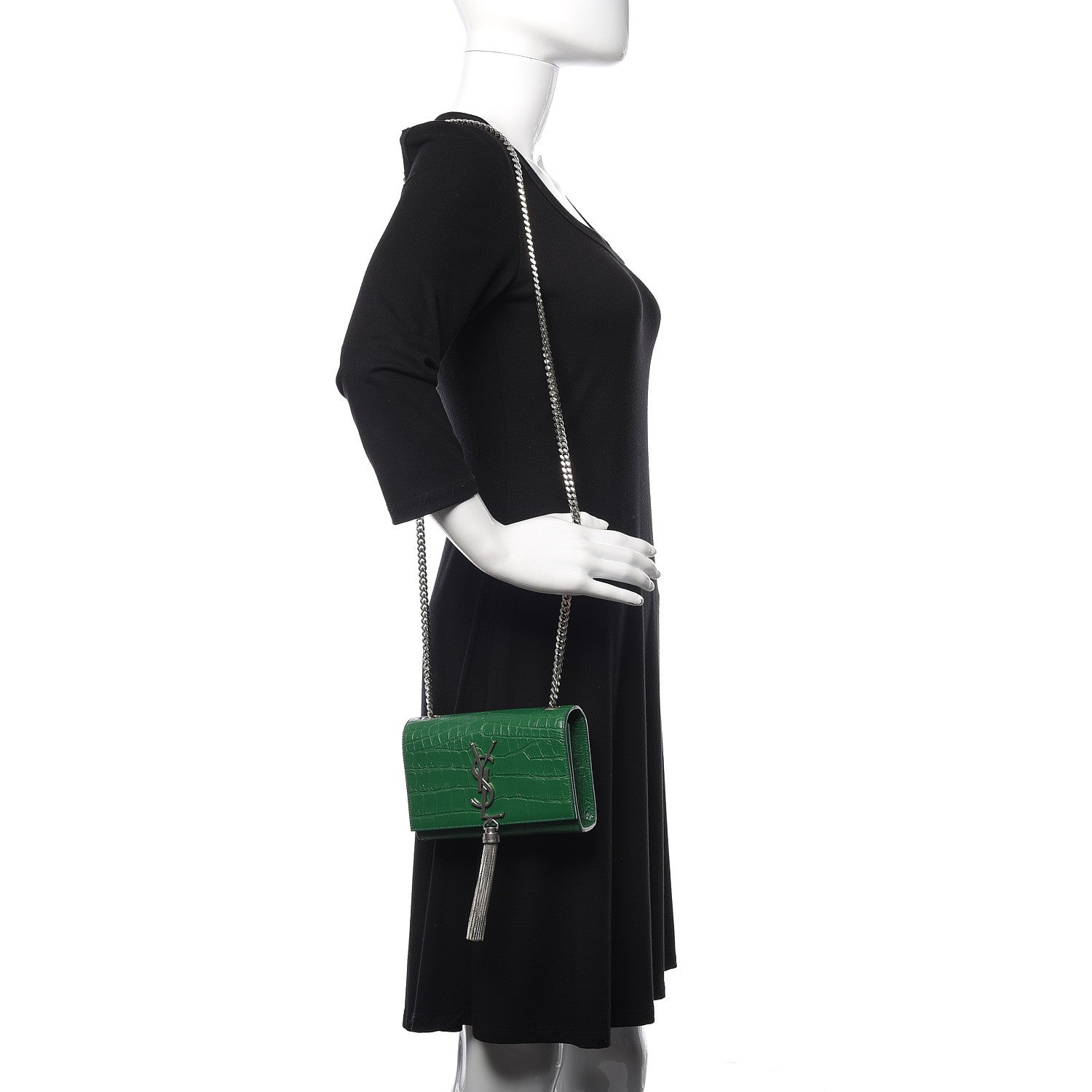 Saint Laurent Calfskin Crocodile Embossed Monogram Small Kate Tassel Satchel Green 2 of 8