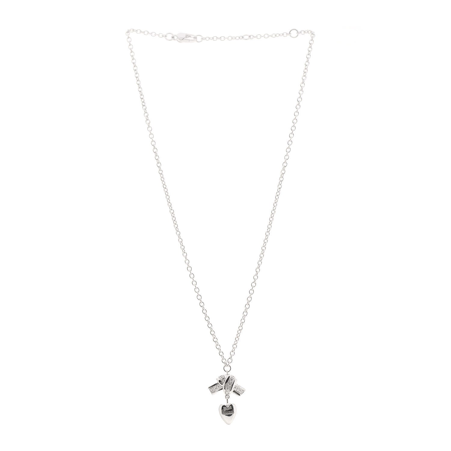 Gucci 18K White Gold Diamond Knot Heart Charm Pendant Necklace 3 of 5