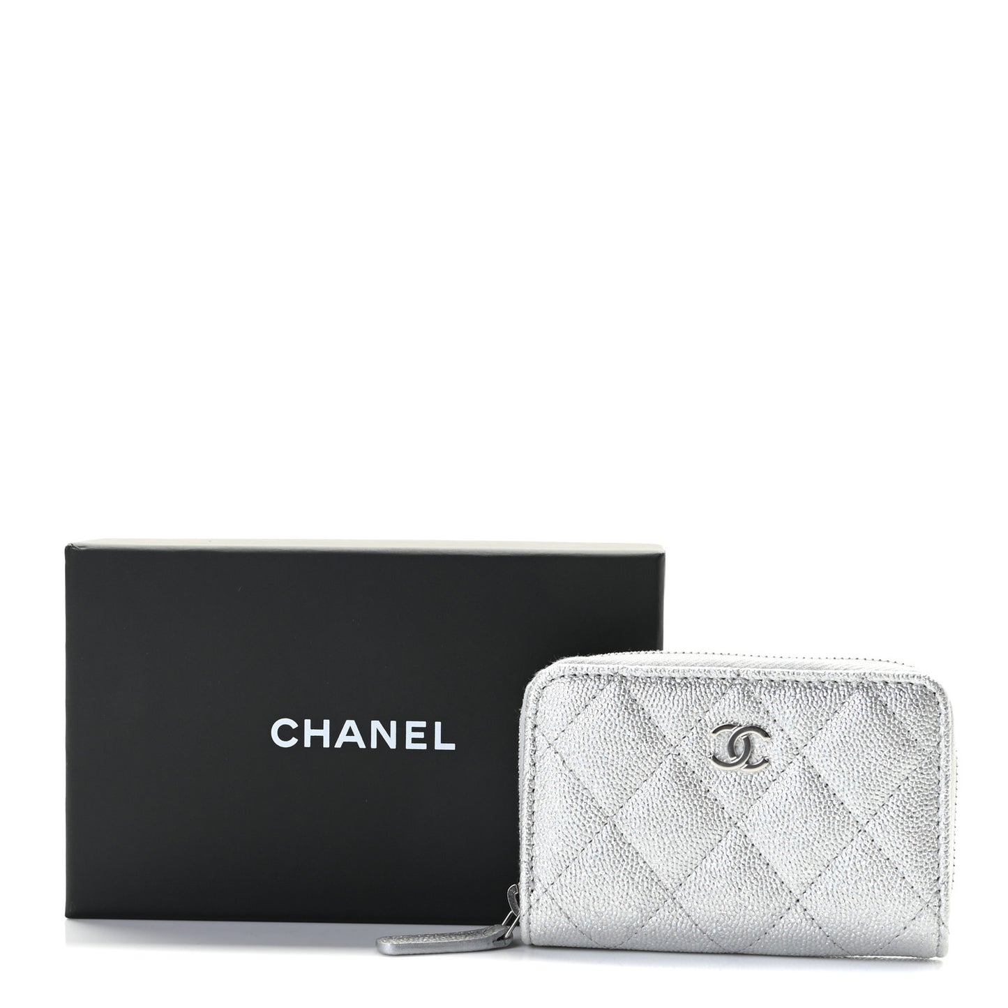 Glittered Metallic Caviar Quilted Zip Coin Purse Wallet Silver