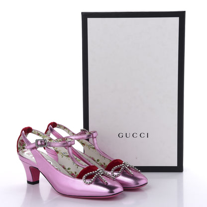 Gucci Metallic Nappa Velvet Crystal Bow Anita Pumps 35 Rosa Hibiscus Red 12 of 12