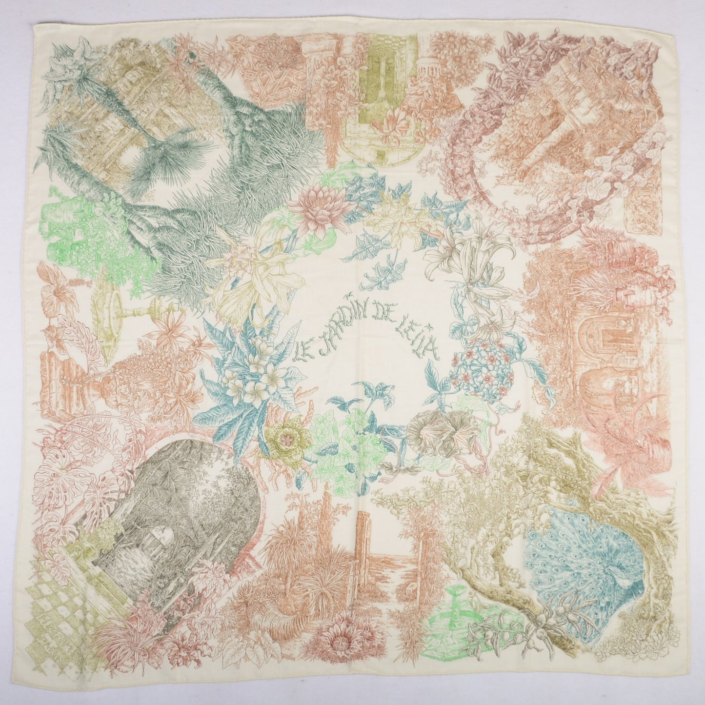 Cashmere Silk Le Jardin de Leila Shawl 140 Blanc Vert Brun