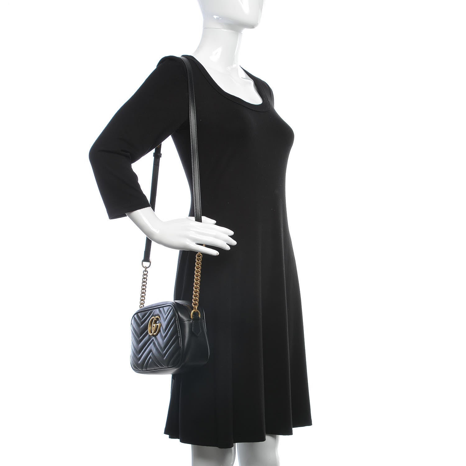 Gucci Calfskin Matelasse Small GG Marmont Chain Shoulder Bag Black 2 of 7