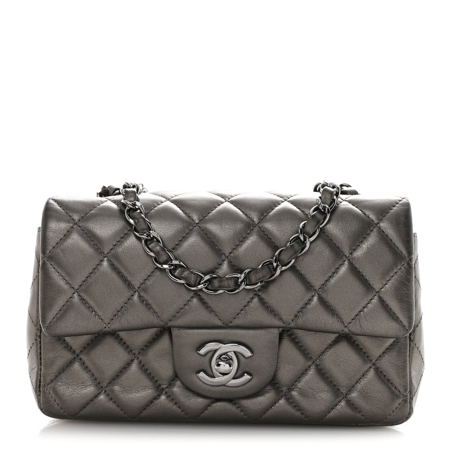 Metallic Lambskin Quilted Mini Rectangular Flap Ruthenium