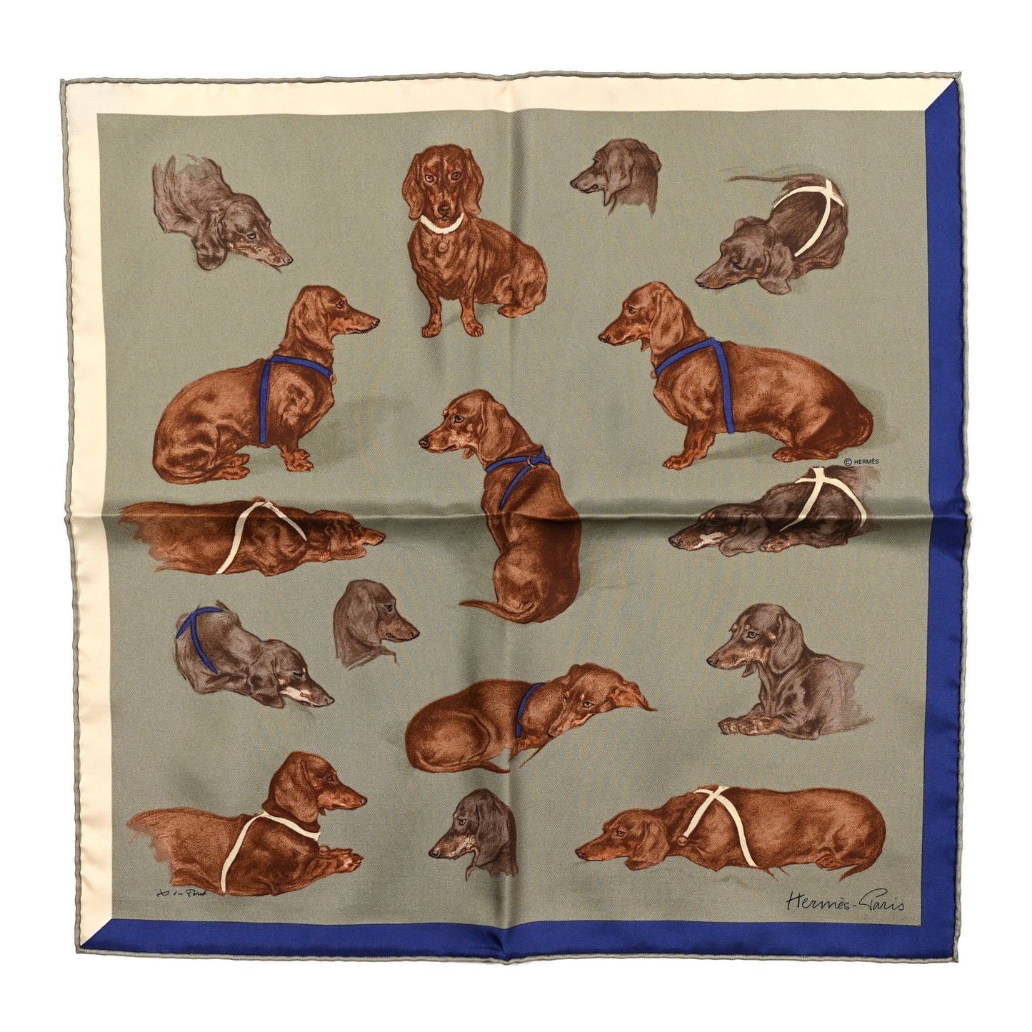 Silk Les Bassets Scarf 45 Vert Amande Brun Bleu
