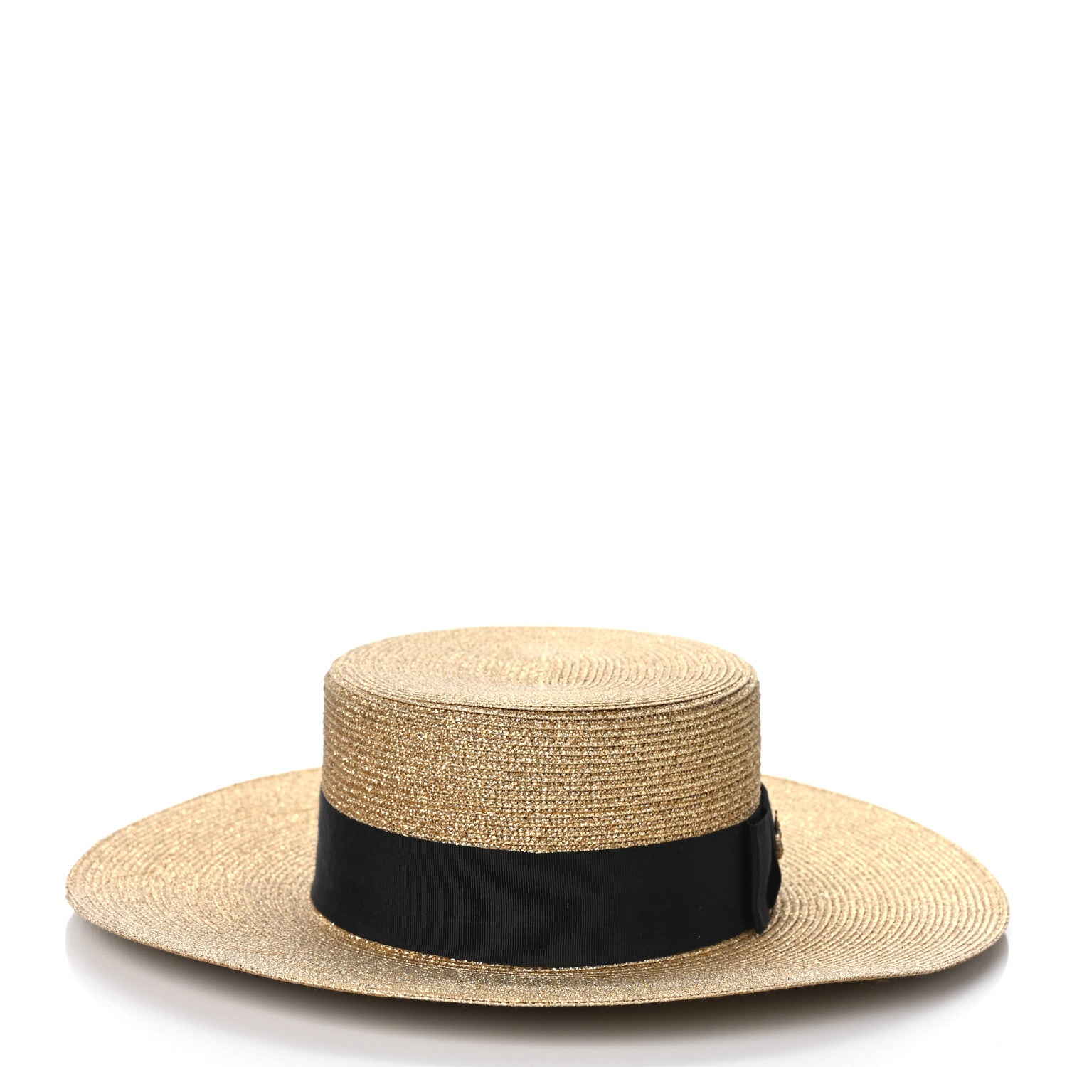 Gucci Glittered Straw Grosgrain Wide Brim Hat M Gold Black 3 of 7