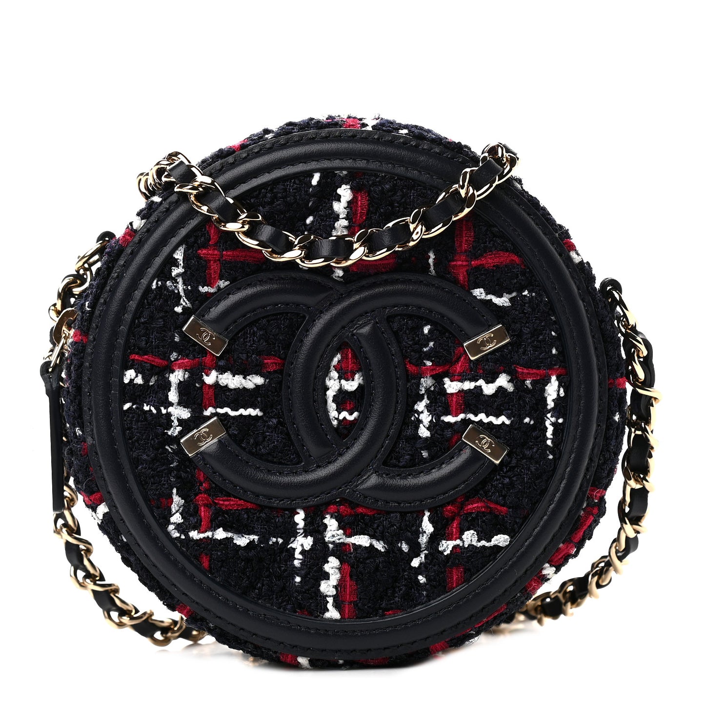 Tweed Quilted Round Filigree Clutch With Chain Navy Blue