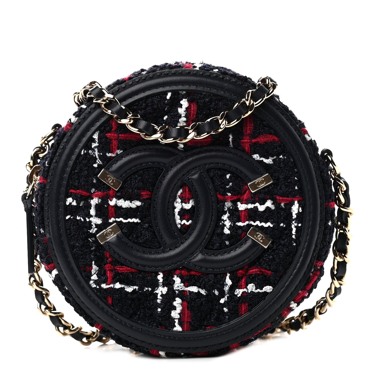 Chanel Tweed Quilted Round Filigree Clutch With Chain Navy Blue 1 of 9