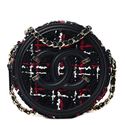 Chanel Tweed Quilted Round Filigree Clutch With Chain Navy Blue 1 of 9