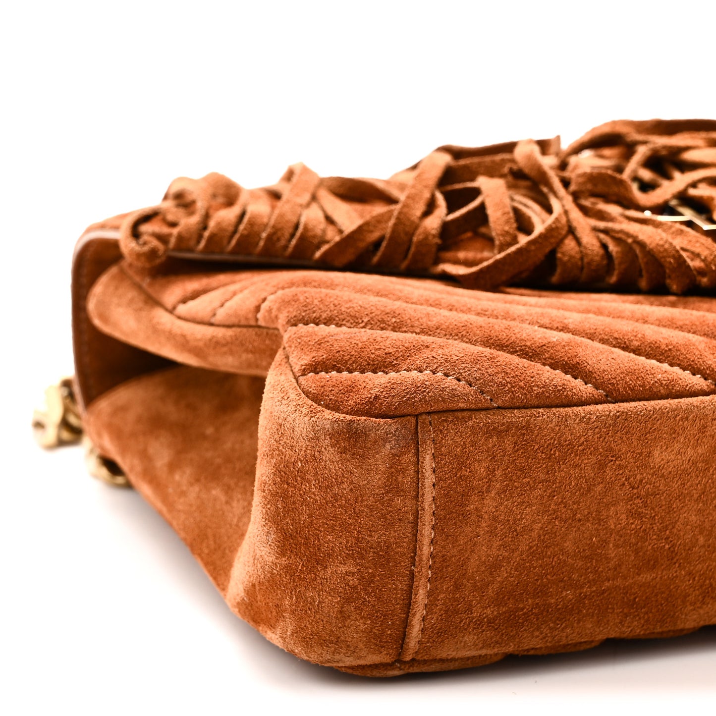 Suede Matelasse Chevron Fringe Monogram Medium College Bag Cinnamon