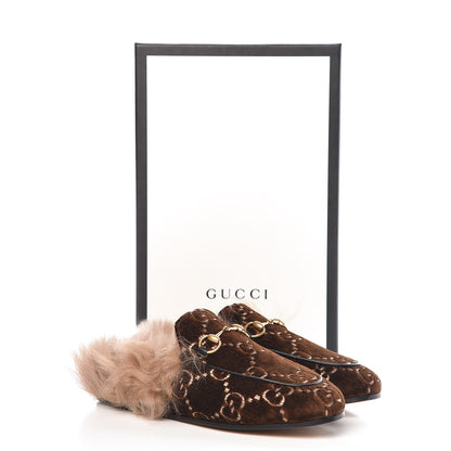 Gucci Velvet GG Monogram Fur Womens Princetown Slippers 36.5 Brown Black Natural 10 of 10