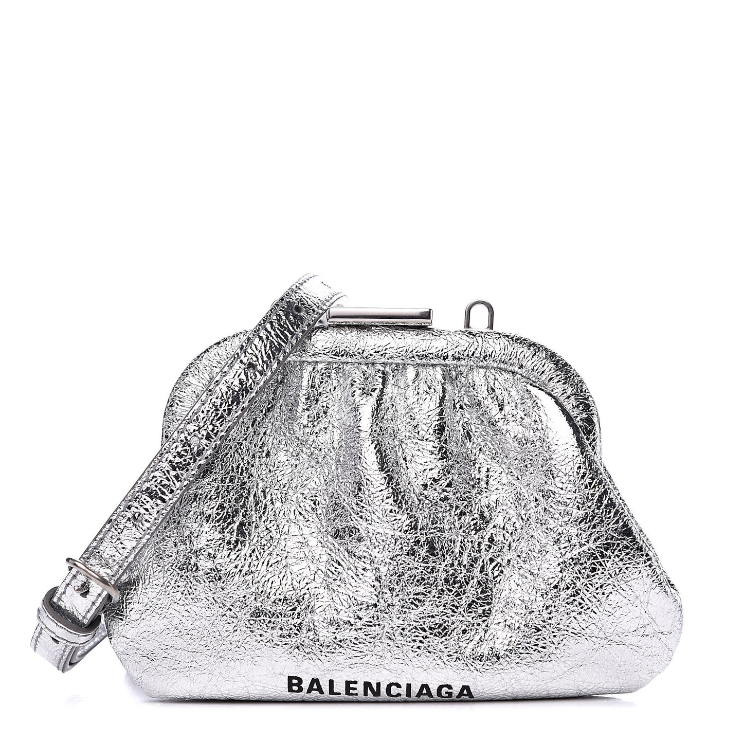 Metallic Textured Calfskin Logo Cloud Coin Purse With Strap Silver