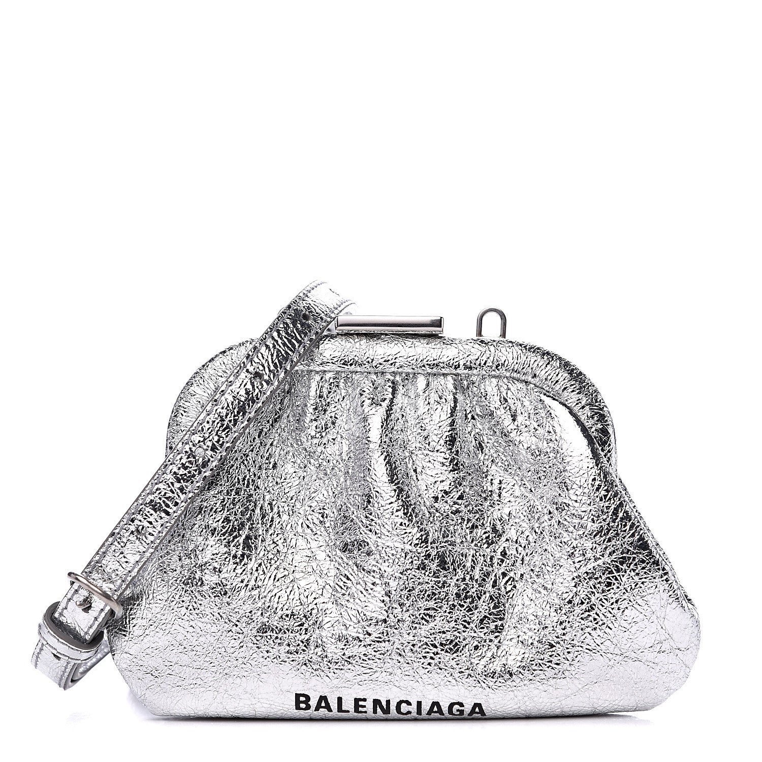 Balenciaga Metallic Textured Calfskin Logo Cloud Coin Purse With Strap Silver 1 of 9