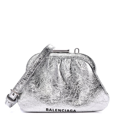 Balenciaga Metallic Textured Calfskin Logo Cloud Coin Purse With Strap Silver 1 of 9