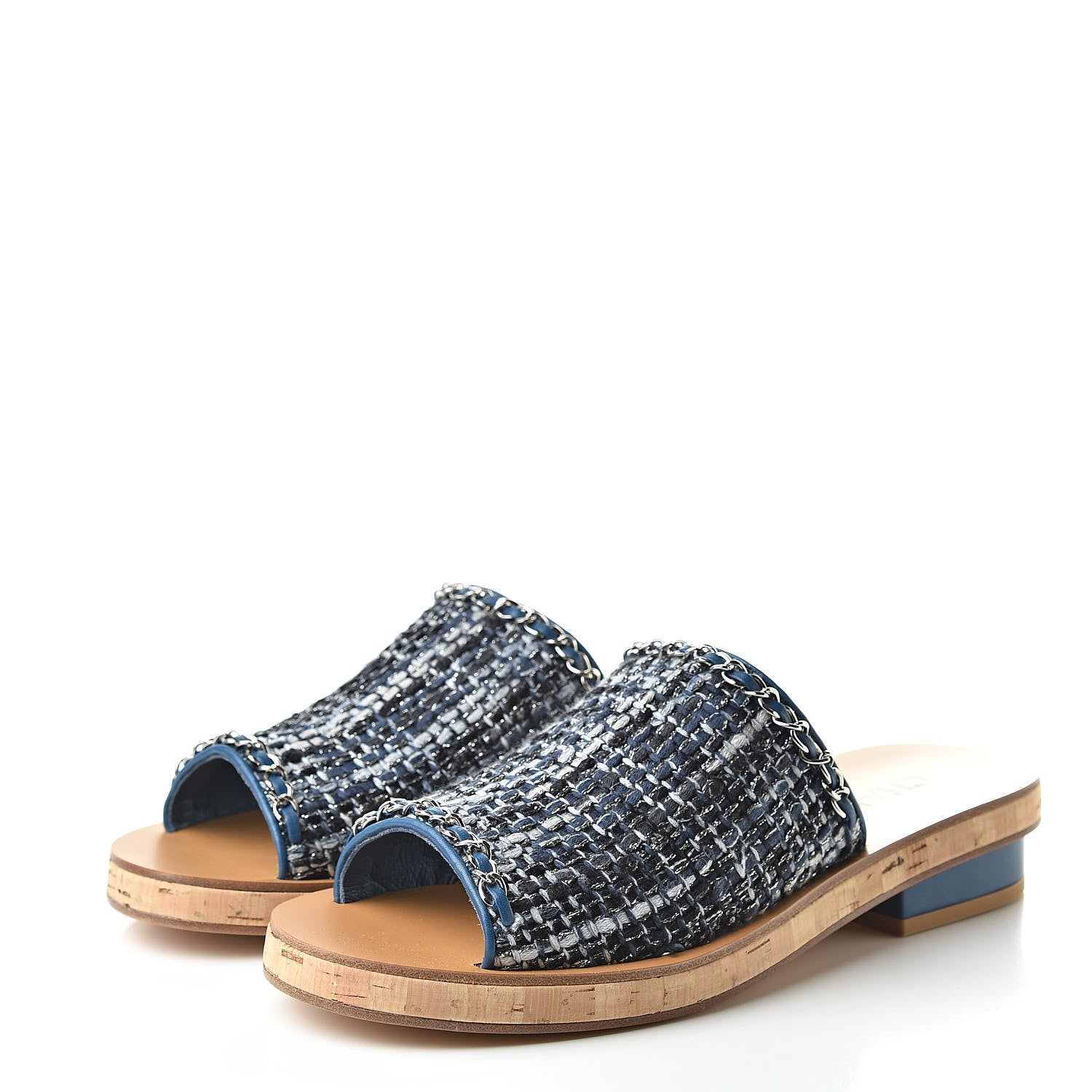 Chanel Cork Tweed Chain Mule Slides 40 Blue 3 of 8
