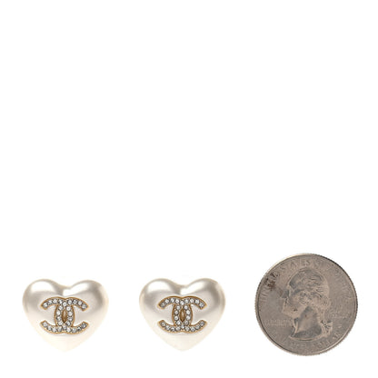 Chanel Pearl Crystal CC Heart Earrings Gold 2 of 4