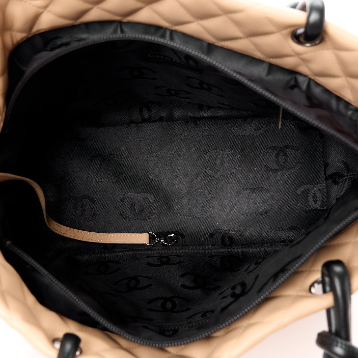 Calfskin Quilted Large Cambon Tote Beige Black